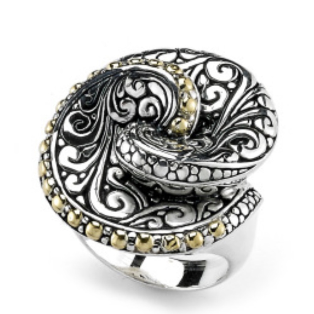 18k Yellow Gold BALINESE SWIRL RING artisan Yellow Gold Silver 925 Scroll ring